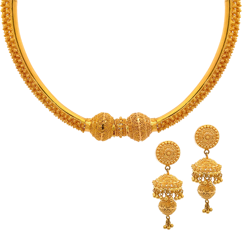 Bhindi Jewelers 22K Gold Necklace Set with Long Drop Earrings